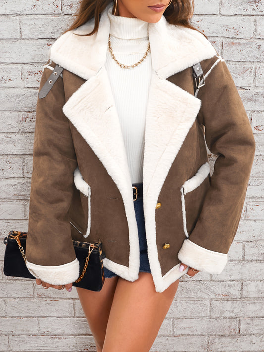 Sixsr Lapel Plush Jacket, Winter Warm Casual Outwear, Women's Clothing