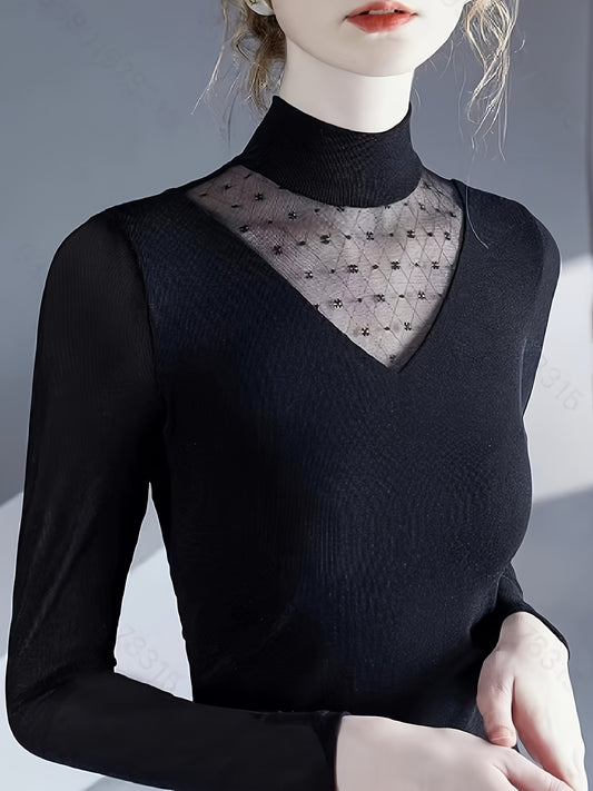 Sixsr Contrast Mesh Mock Neck Knitted Top, Elegant Long Sleeve Slim Sweater, Women's Clothing