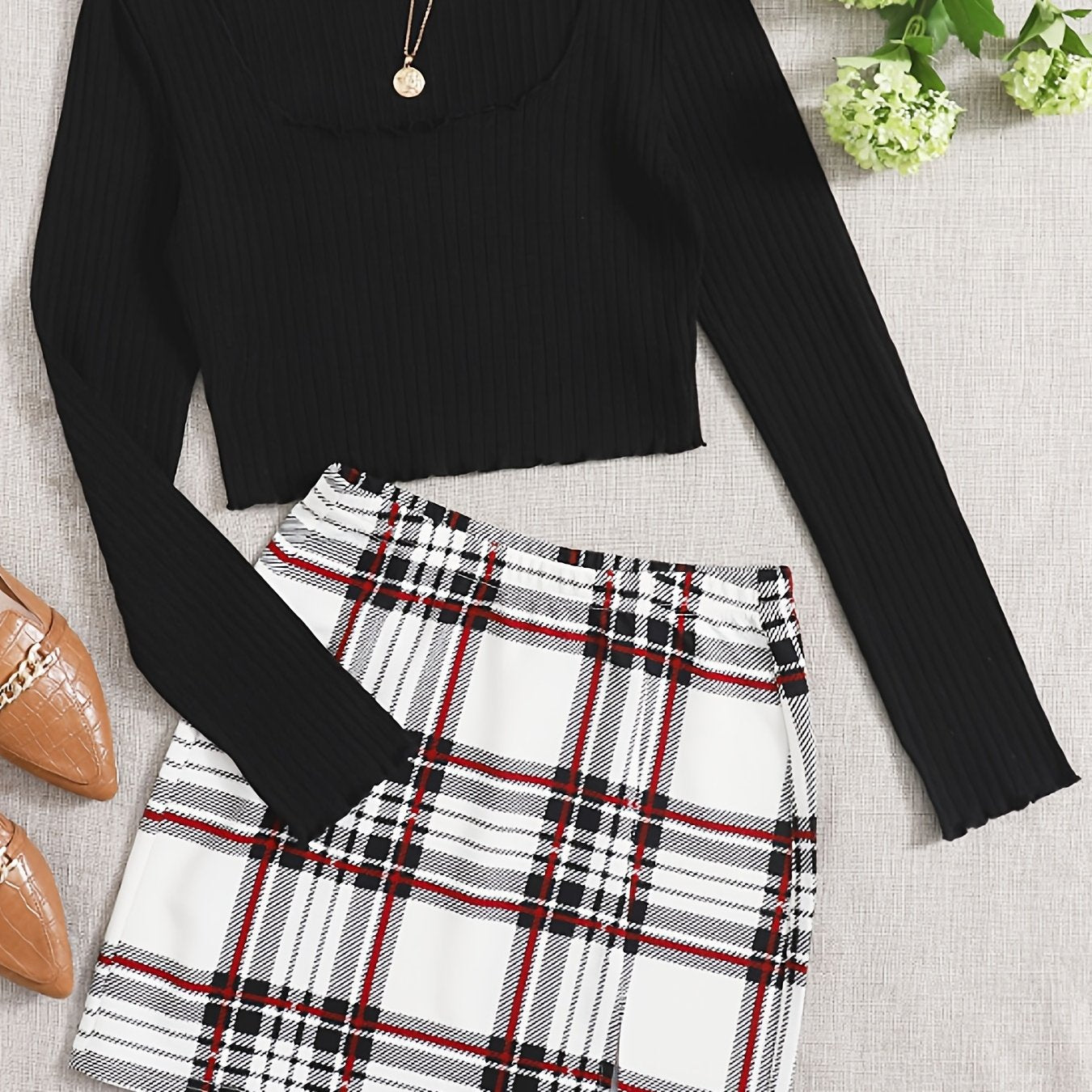 Women's Stylish Two Piece Set, Solid Square Neck Crop Top & Plaid High Waist Mini Skirt, Women's Clothing