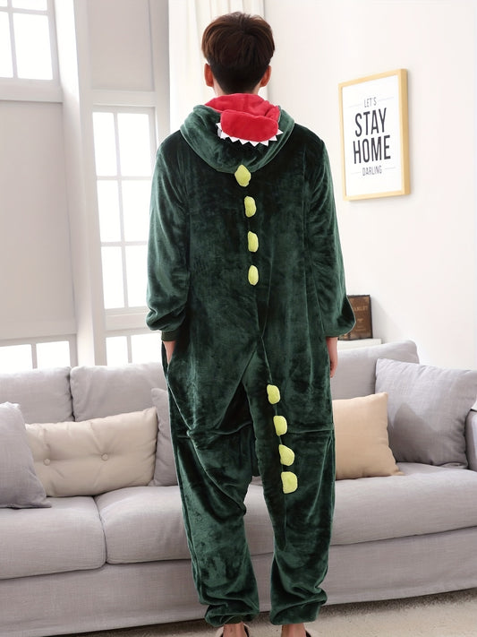 Sixsr one piece Men's Thick Fleece Dinosaur Hooded Pajamas with Pockets - Cozy Loungewear for Winter Nights