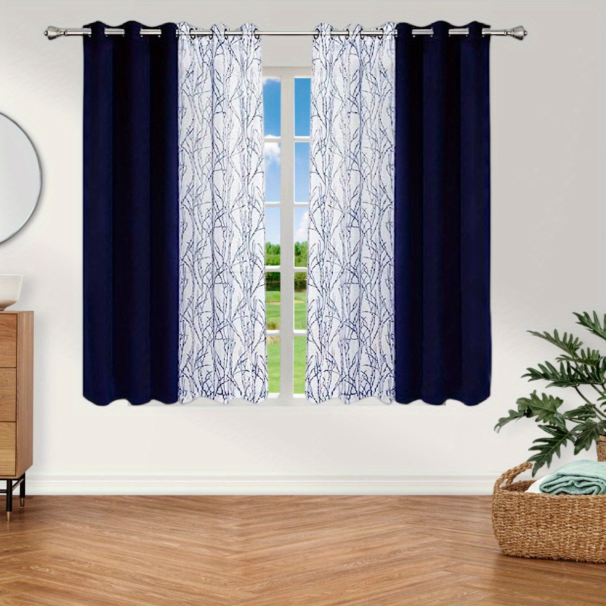 1 Panel Branch Printed Sheer Curtain + 1 Panel Blackout Curtain - Panels for Bedroom, Office, Living Room Home Decor with Grommet Top Window Drapes