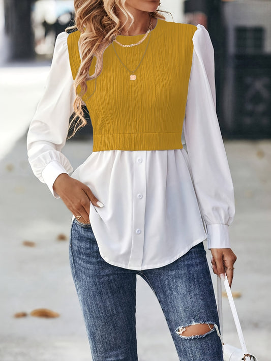 Sixsr Color Block Stitching Blouse, Elegant Crew Neck Long Sleeve Blouse, Women's Clothing