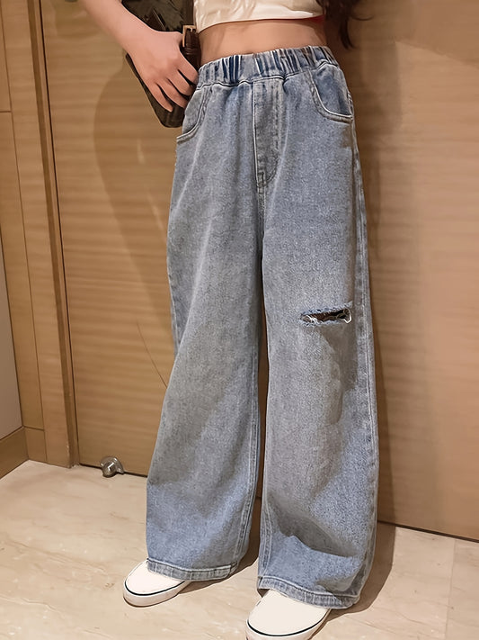 Sixsr Kids Ripped Jeans Baggy Fit Wide Leg Denim Pants For Girls Boys
