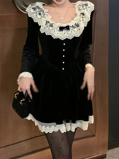 Sixsr Contrast Trim Lace Splicing Velvet Dress, Sweet Button Front Bow Decor Dress For Spring & Fall, Women's Clothing