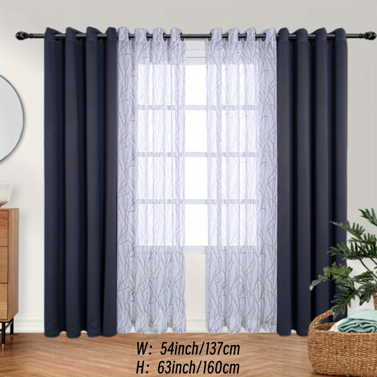 1 Panel Branch Printed Sheer Curtain + 1 Panel Blackout Curtain - Panels for Bedroom, Office, Living Room Home Decor with Grommet Top Window Drapes