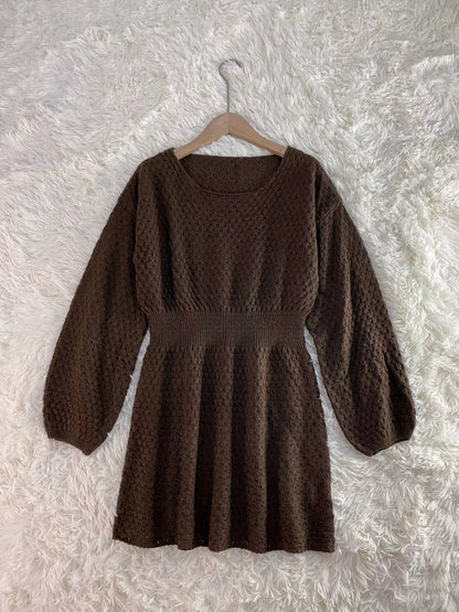 Slim Waist Sweater Dress, Elegant Solid Long Sleeve Crew Neck Dress, Women's Clothing