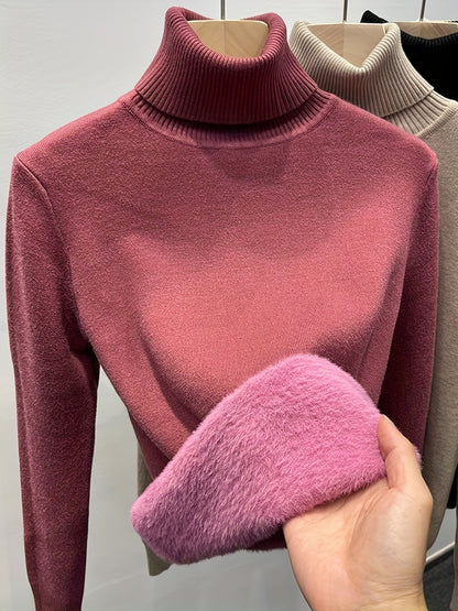 Sixsr Solid Turtle Neck Fleece Pullover Sweater, Elegant Long Sleeve Slim Thermal Sweater, Women's Clothing