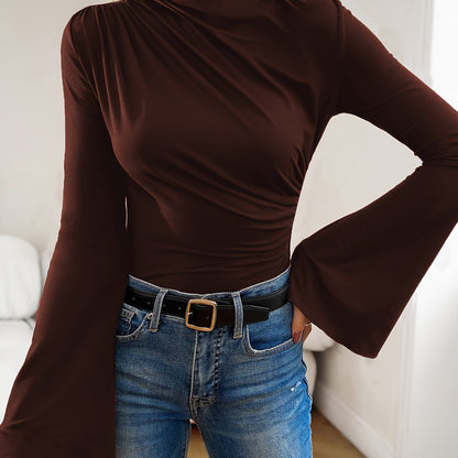 Sixsr Ruched Boat Neck T-Shirt, Elegant Long Flare Sleeve Top For Spring & Fall, Women's Clothing