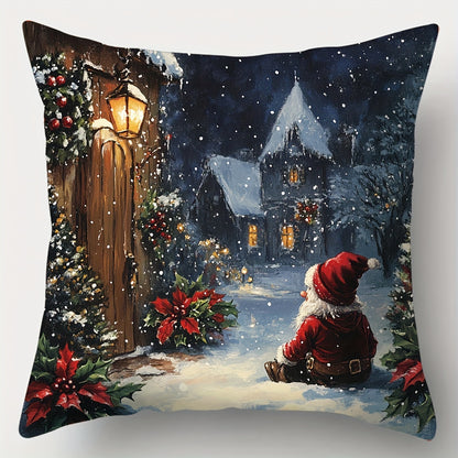 JIT Set of 4 Christmas Pillow Covers – Contemporary Hand Washable Throw Pillowcases with Santa, Gnome, Snowman, & Deer Prints – Zippered Polyester Cushion Covers for Living Room Decor, 18x18 Inches