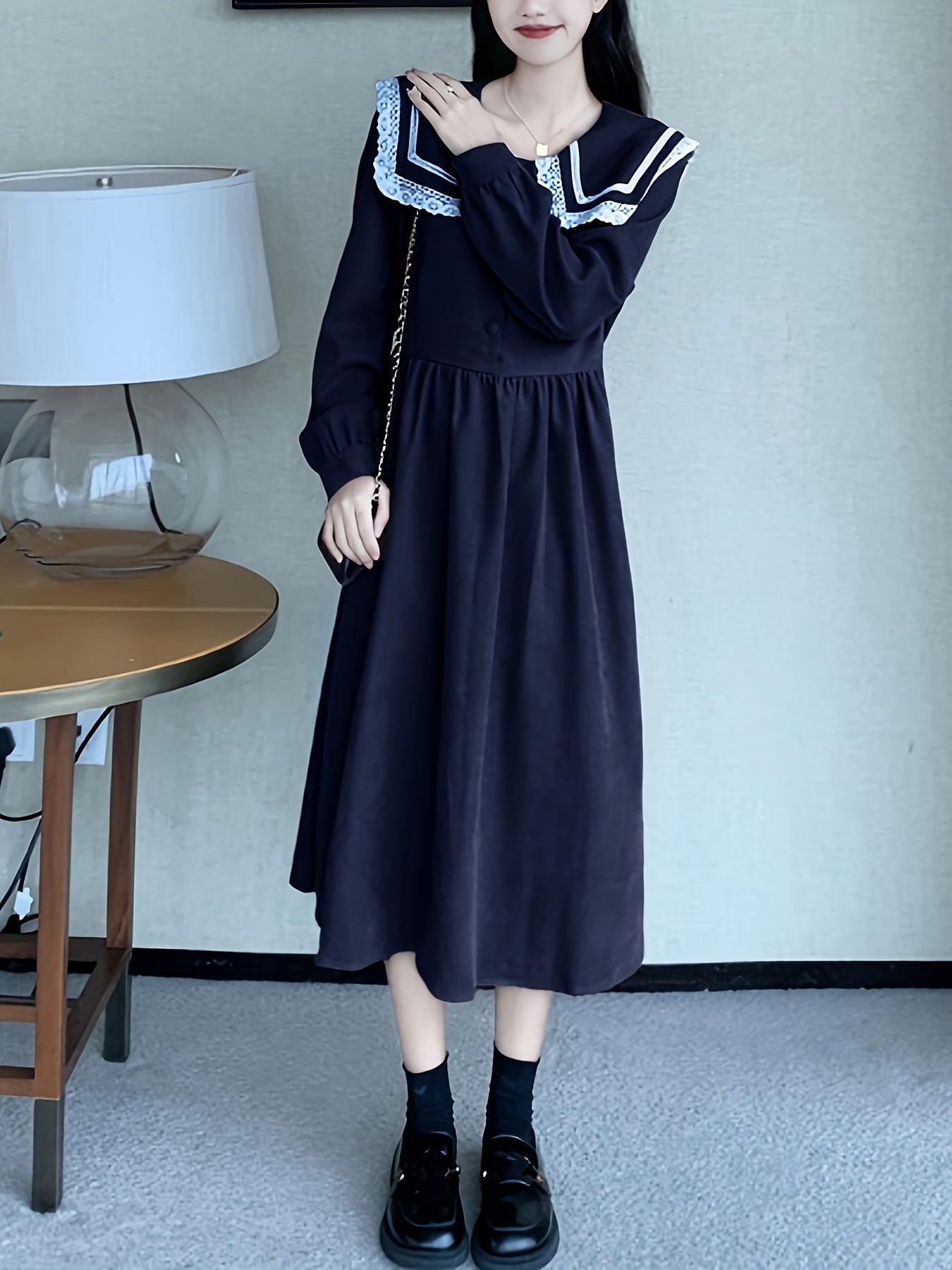 Sixsr Contrast Trim Sailor Collar Belted Dress, Preppy Long Sleeve Ruffle Hem Aline Dress For Spring & Fall, Women's Clothing