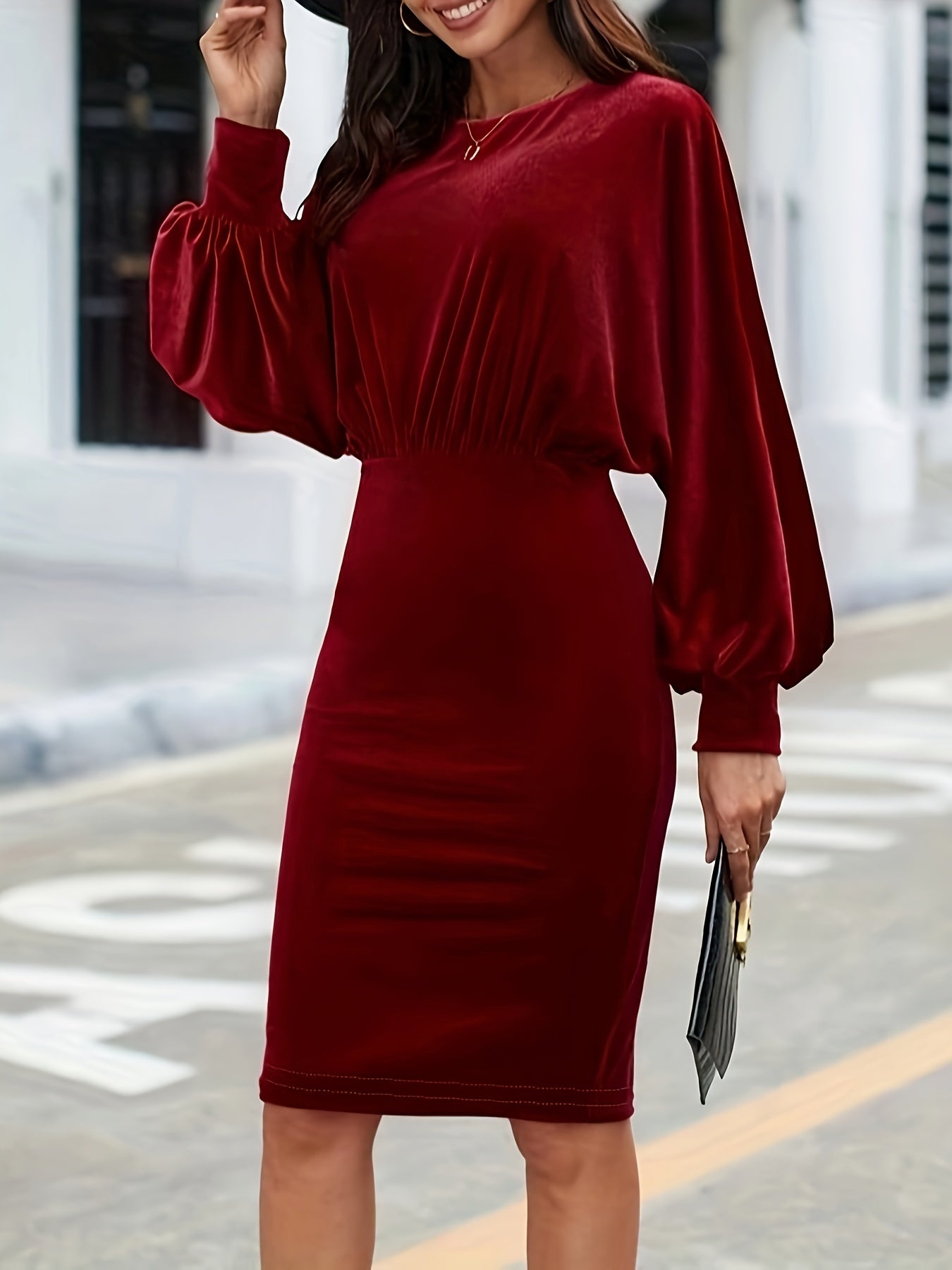 Sixsr Solid Cinched Waist Velvet Dress, Elegant Lantern Sleeve Bodycon Dress For Fall & Winter, Women's Clothing