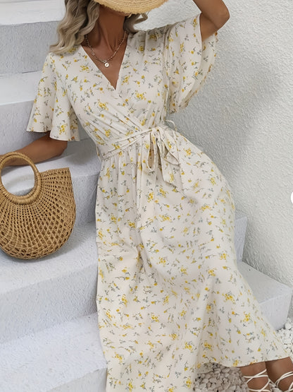 Sixsr Flutter Sleeve V Neck Belted Dress, Floral Print Short Sleeve Vacation Casual Dress For Summer & Spring, Women's Clothing