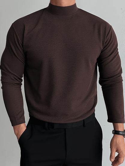 Sixsr Solid Comfy Men's Slim Fit Knitted Long Sleeve Turtleneck Bottoming Shirt, Men's Fleece Warm Top, Fall Winter