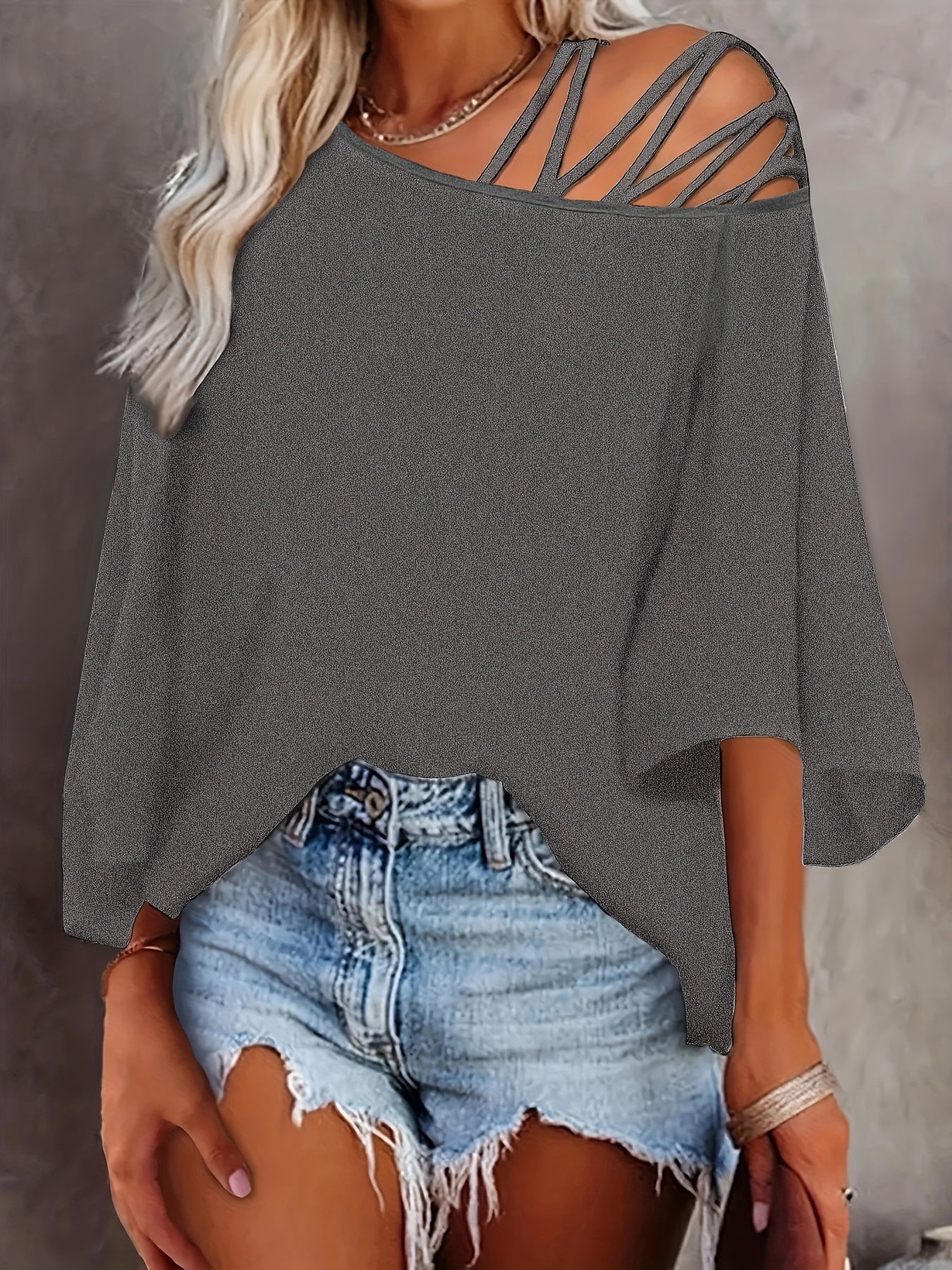 Cold Shoulder Criss Cross T-Shirt, Casual Crew Neck Long Sleeve T-Shirt For Spring & Summer, Women's Clothing