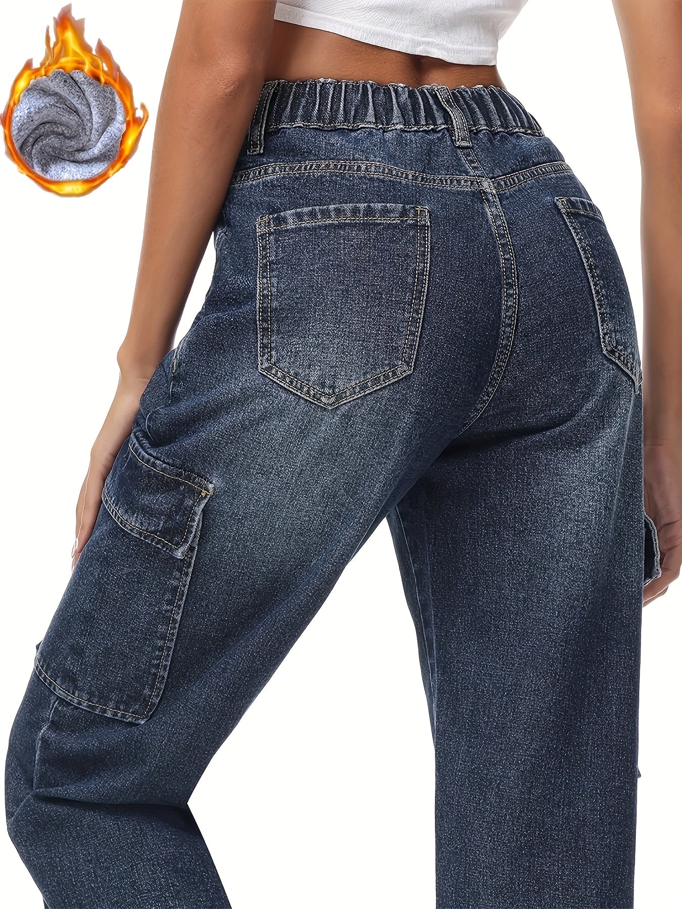 Sixsr Plush Lined Washed Straight Jeans, Flap Pockets Loose Fit Elastic Waist Cargo Pants, Women's Denim Jeans & Clothing