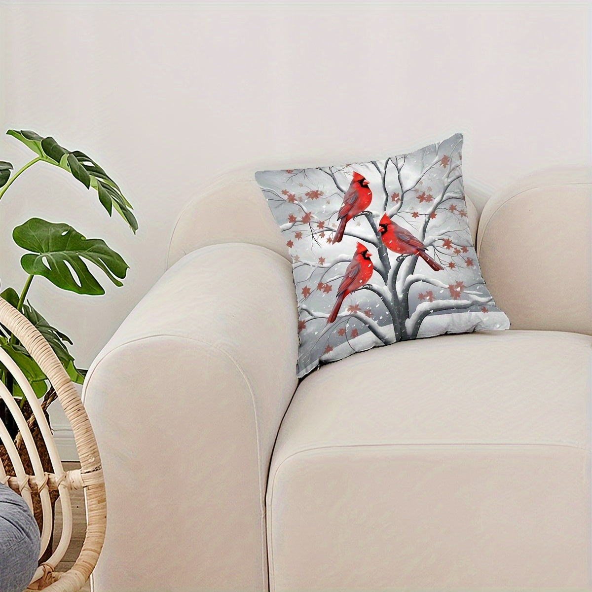 Christmas Charm Pillow Cover 17.7" - Festive Tree, Snowman & Bird Design | Soft Polyester, Zip Closure | Perfect for Sofa & Bedroom Decor, Christmas Decor