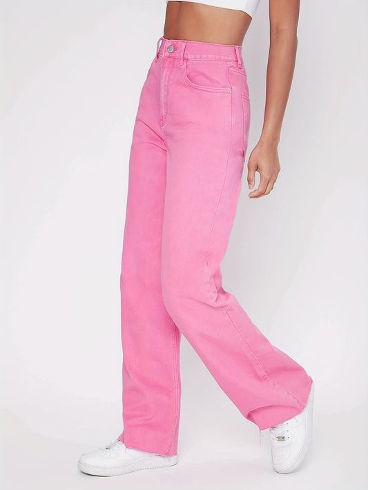 Sixsr Pink Raw Cut Straight Jeans, Loose Fit High Rise Slant Pockets Denim Pants, Women's Denim Jeans & Clothing