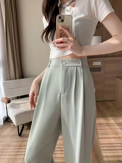 Sixsr Solid High Waist Draped Long Length Pants, Casual Loose Spring & Autumn Pants, Women's Clothing