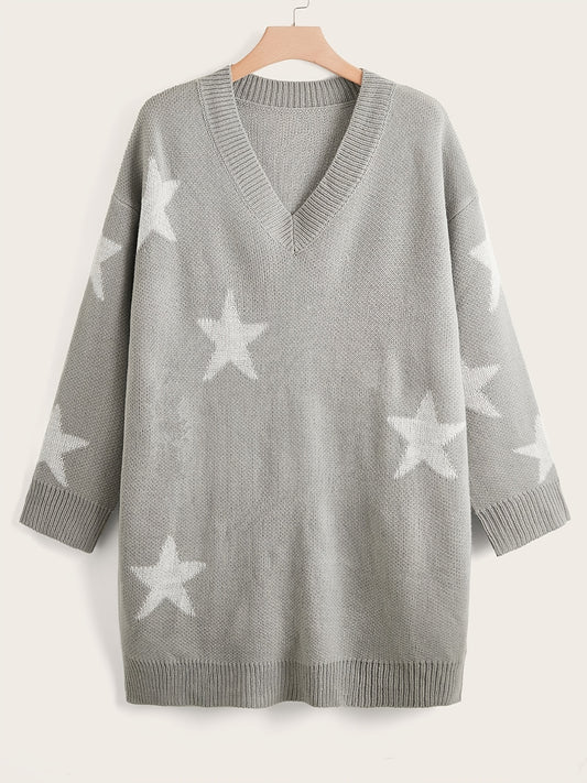 Sixsr Stars Print Sweater Dress, Casual V Neck Long Sleeve Mini Dress, Women's Clothing