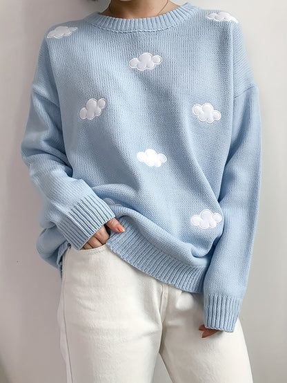 Sixsr Preppy Cloud Pattern Sweater, Long Sleeve Casual Cute Sweater For Winter & Fall, Women's Clothing