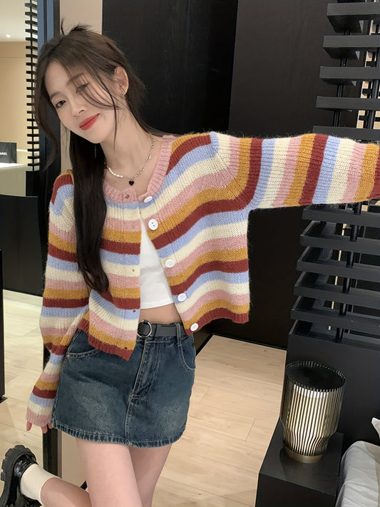 Sixsr Rainbow Striped Button Down Knit Cardigan, Casual Long Sleeve Sweater Fot Spring & Fall, Women's Clothing