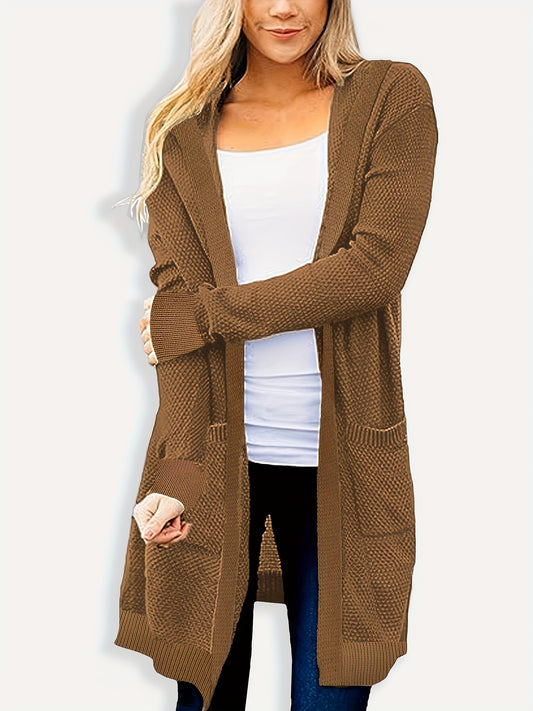 Pocket Front Hooded Knit Cardigan, Casual Open Front Long Sleeve Sweater, Women's Clothing