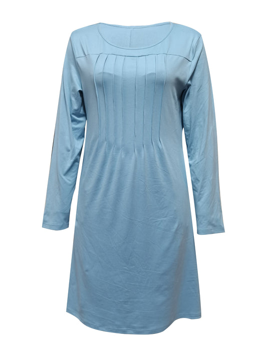 Sixsr Tucked Solid Dress, Casual Crew Neck Long Sleeve Dress, Women's Clothing