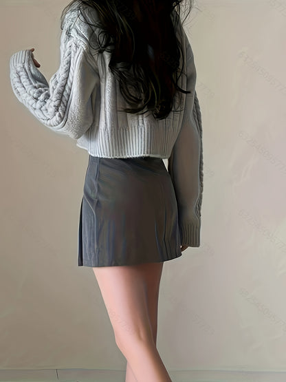 Sixsr Solid Zip Up Cable Knit Cardigan, Casual Turndown Collar Long Sleeve Crop Sweater, Women's Clothing