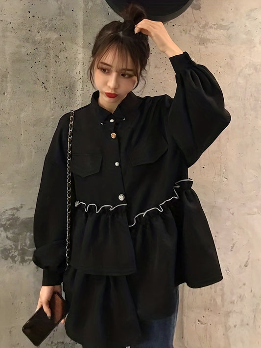 Sixsr Ruffle Trim Asymmetrical Blouse, Casual Button Front Long Sleeve Blouse, Women's Clothing