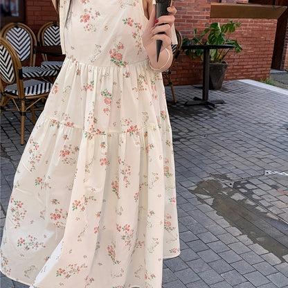 Sixsr Floral Print Knot Strap Dress, Sleeveless Straight Neck Loose Babydoll Dress, Women's Clothing