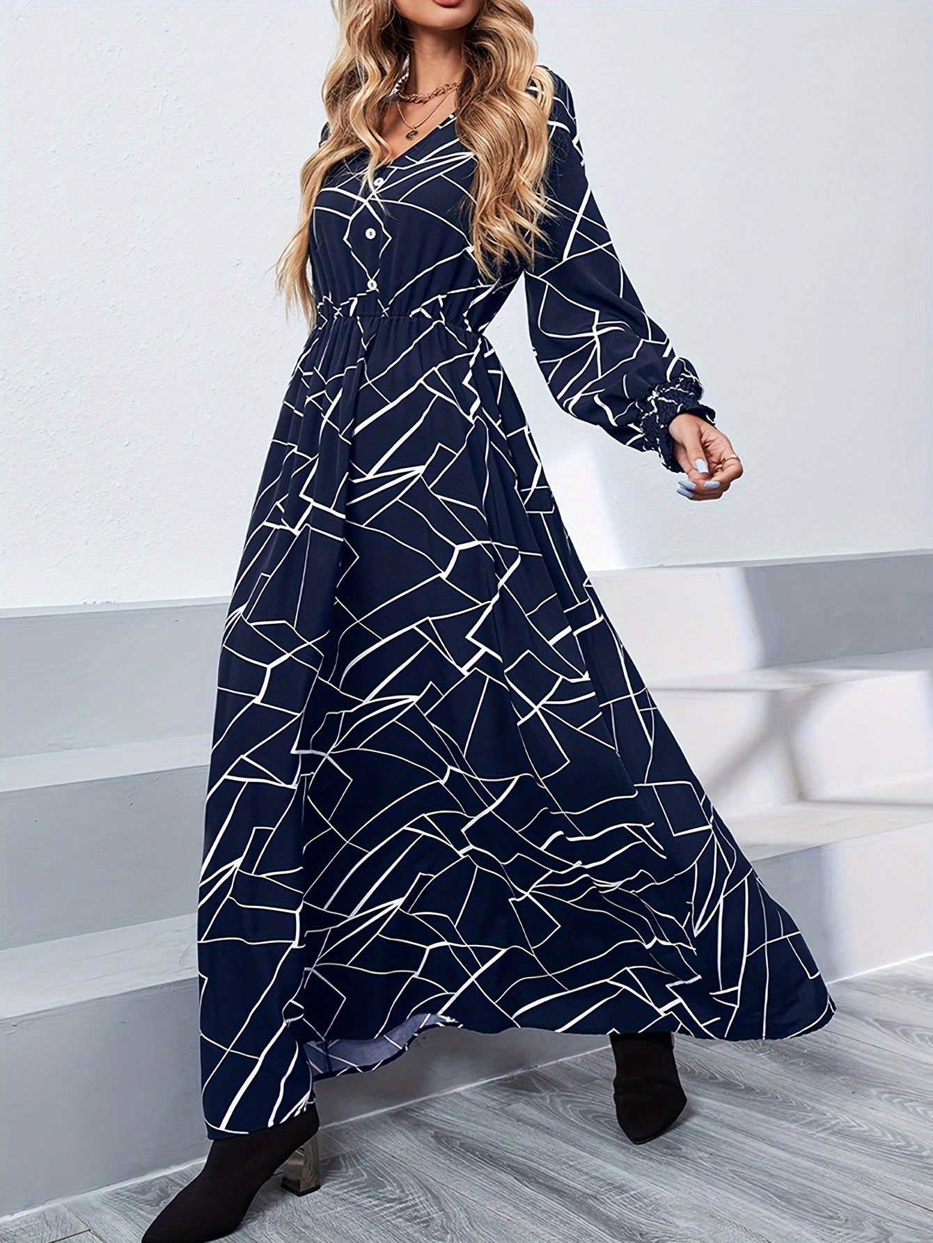 Sixsr Abstract Print Shirred V-neck Dress, Elegant Button Long Sleeve High-waist Dress For Every Day, Women's Clothing