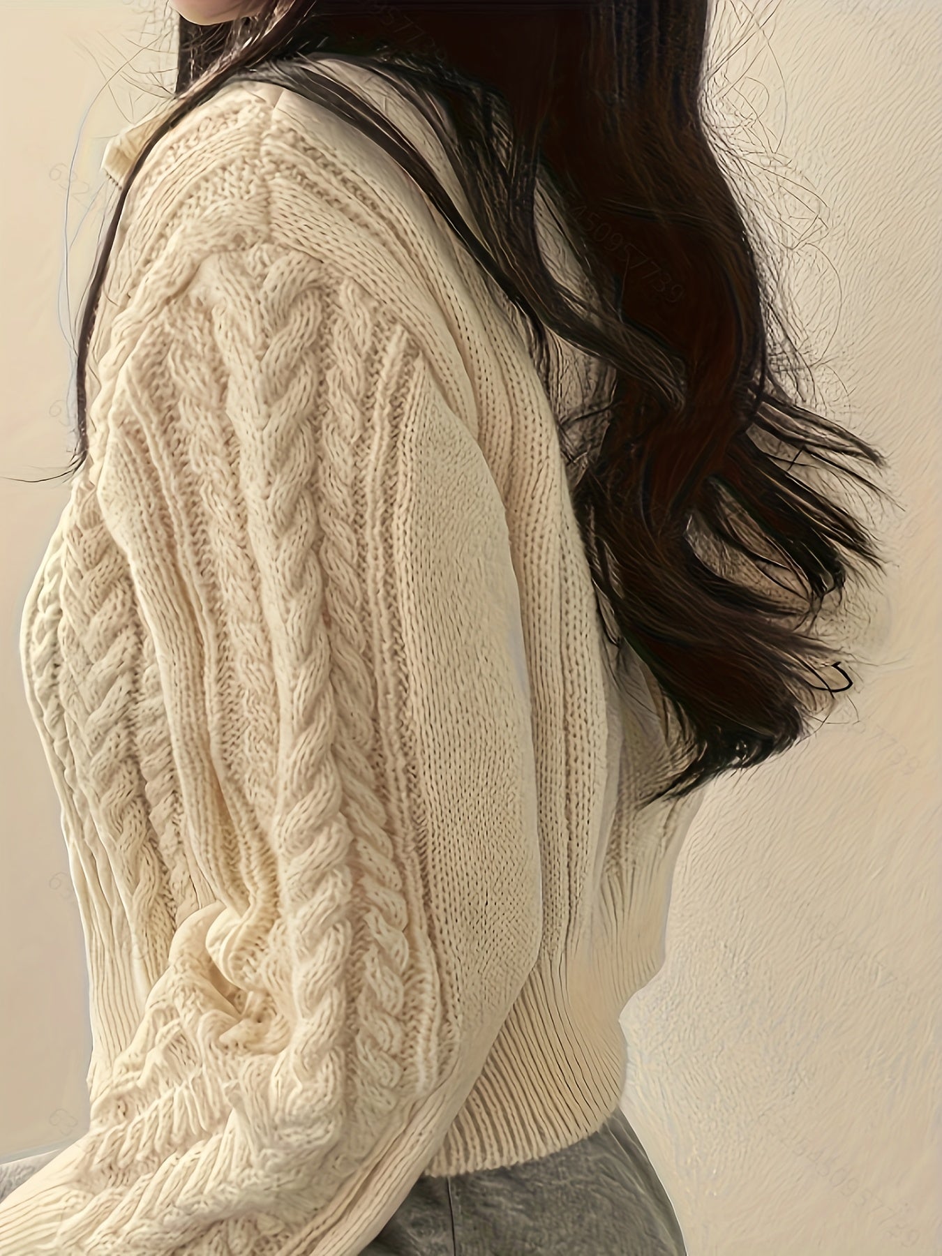 Sixsr Solid Zip Up Cable Knit Cardigan, Casual Turndown Collar Long Sleeve Crop Sweater, Women's Clothing