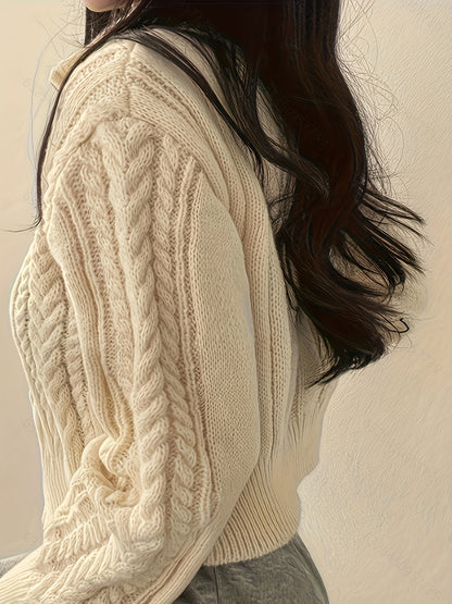Sixsr Solid Zip Up Cable Knit Cardigan, Casual Turndown Collar Long Sleeve Crop Sweater, Women's Clothing