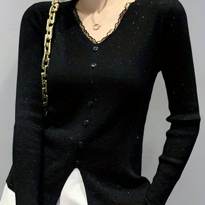 Sixsr Lace V Neck Button Front Knit Cardigan, Elegant Long Sleeve Slim Sweater, Women's Clothing