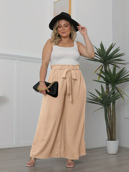 Sixsr Plus Size Elegant Pants, Women's Plus Solid Ruffle Trim Elastic High Rise Slight Stretch Wide Leg Trousers With Belt