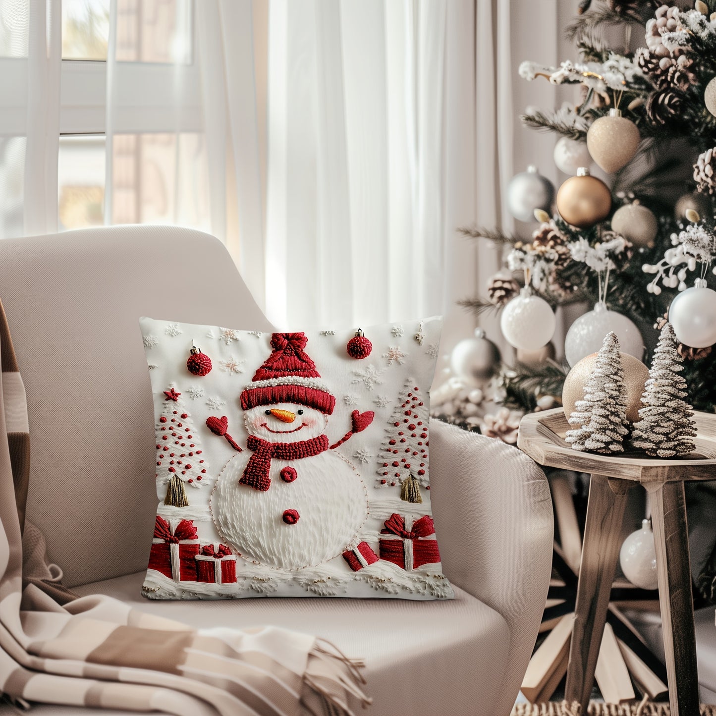 3D Christmas Throw Cushion Covers, Traditional Knit Polyester, Hand-Washable, Zip-Closure, Snowman and Tree Design, Suitable for Various Room Decor - 1pc, Festive Farmhouse Style for Couch, Sofa, Living Room, Bedroom (Insert Not Included)