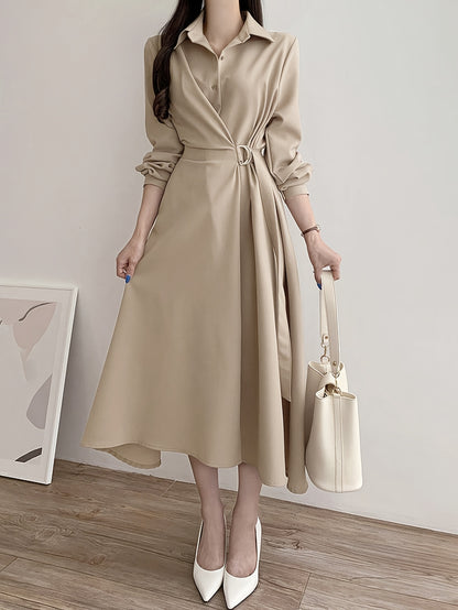 Sixsr A-line Button Front Dress, Elegant Long Sleeve Dress For Spring & Fall, Women's Clothing