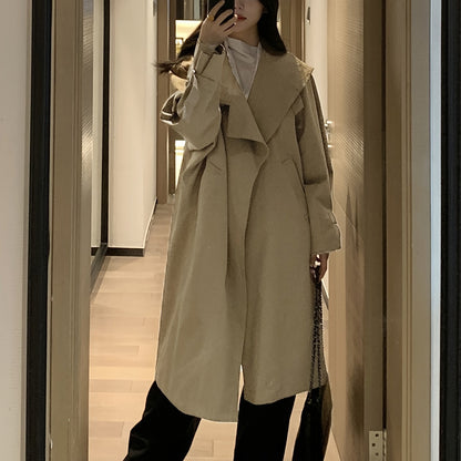 Sixsr Solid Open Front Trench Coat, Casual Long Sleeve Long Length Outwear, Women's Clothing