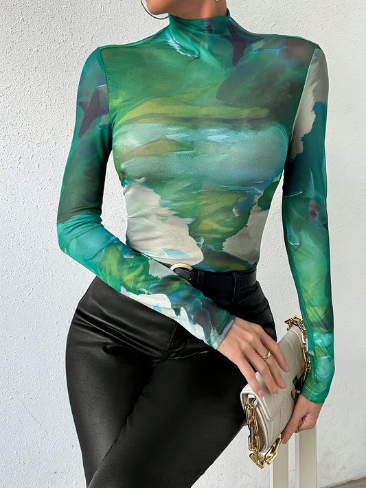 Sixsr  Tie Dye Mock Neck Top, Versatile Long Sleeve Top For Spring & Fall, Women's Clothing