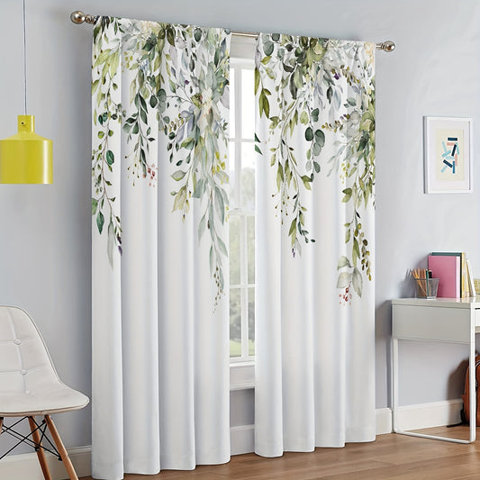 2pcs Watercolor Green Sage Pattern Curtain Panels, Blackout Privacy Window Drapes Set, Rod Pocket Window Treatments For Bedroom, Living Room, Dormitory, Office, Home Decoration