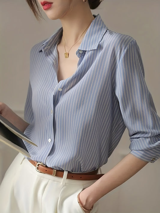 Sixsr Elegant Striped Button Front Shirt, Long Sleeve Shirt For Office & Work, Women's Clothing