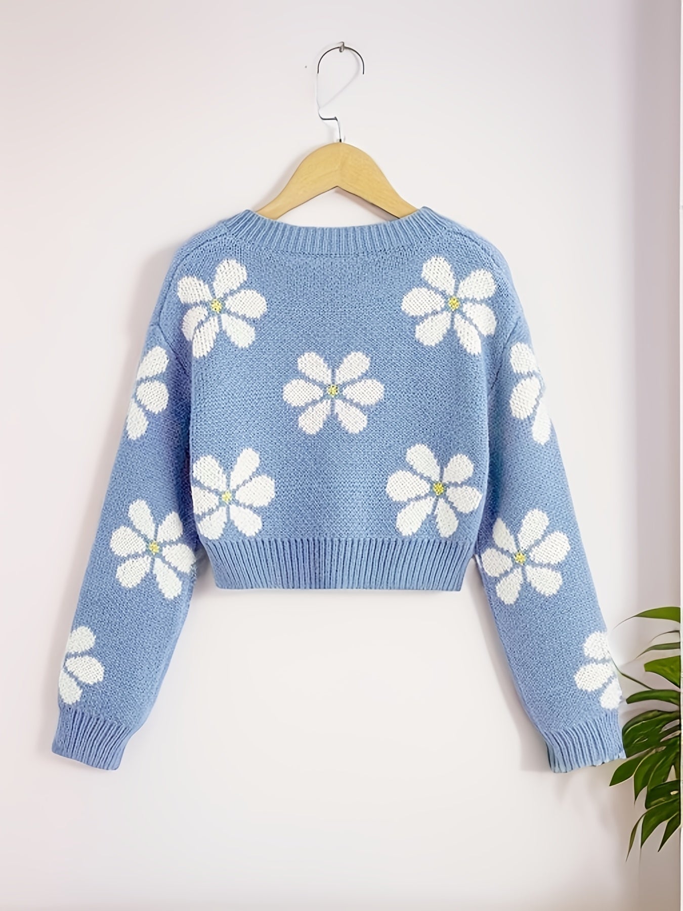 Sixsr Floral Jacquard Girls Drop Shoulder V-neck Knitted Sweater For Fall Winter