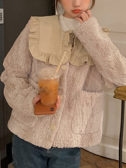 Sixsr Button Front Ruffle Trim Lapel Plush Coat, Long Sleeve Dual Pockets Outerwear For Fall & Winter, Women's Clothing