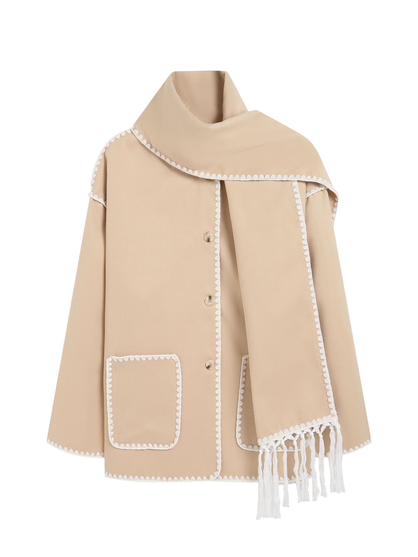 Sixsr Contrast Trim Patched Pockets Overcoat, Elegant Long Sleeve Fringe Scarf Outwear For Fall & Winter, Women's Clothing