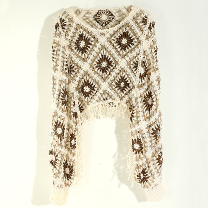 Boho Flower Crochet Knitted Shawl Elegant Hollow Out Tassel Shawl With Long Sleeves Summer Sunscreen Short Top For Women