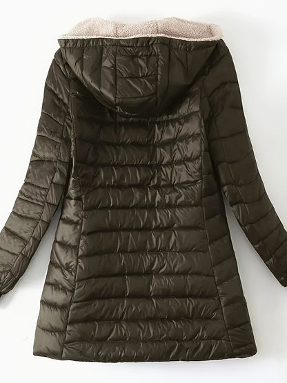Sixsr Mid-length Hooded Slim Fit Fleece Padded Jacket, Warm Solid Color Causal Winter Coat, Women's Activewear