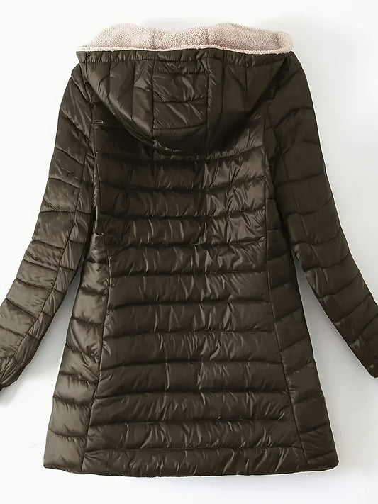 Sixsr Mid-length Hooded Slim Fit Fleece Padded Jacket, Warm Solid Color Causal Winter Coat, Women's Activewear