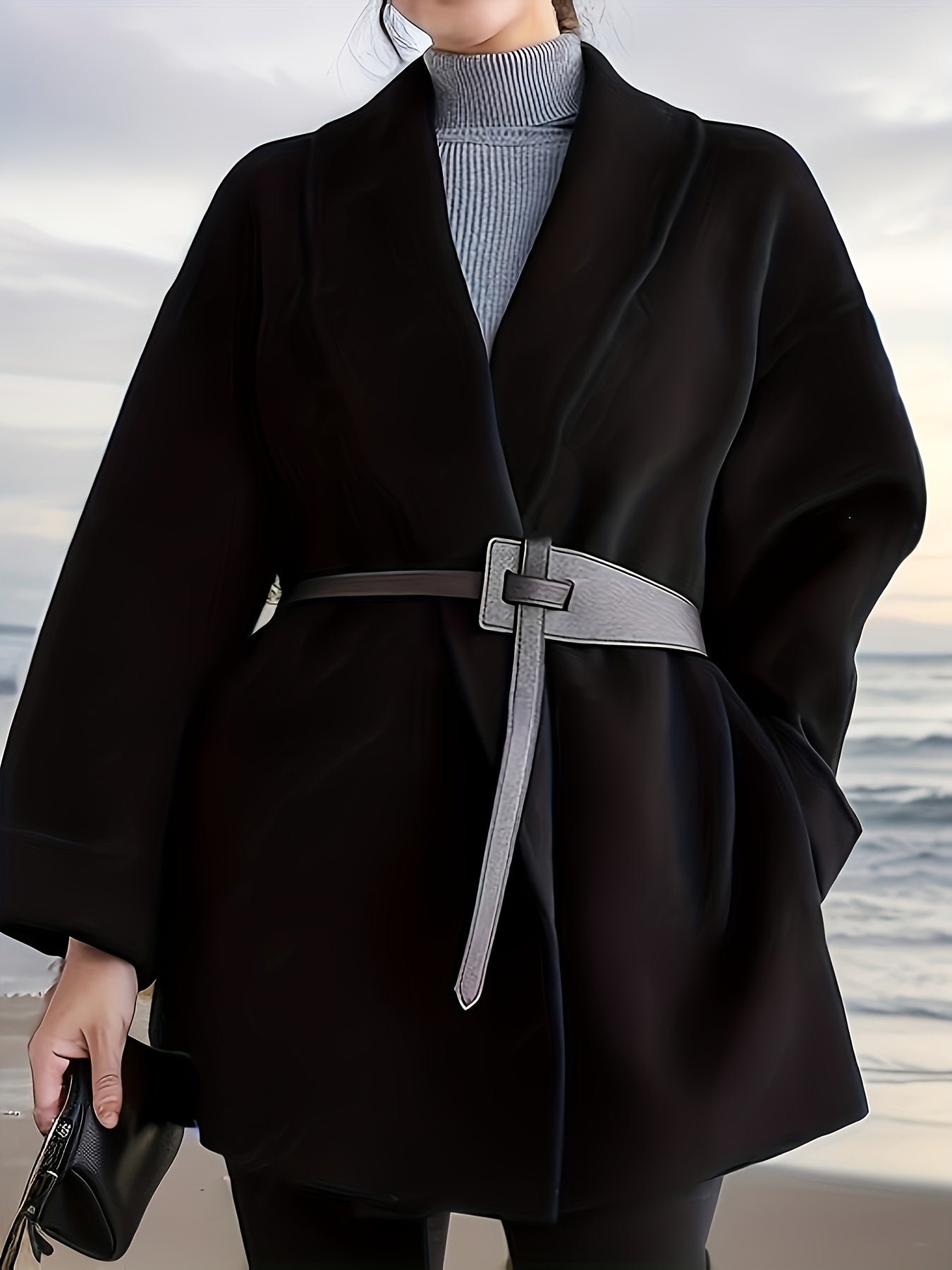 Sixsr Plus Size Elegant Coat, Women's Plus Solid Long Sleeve Shawl Collar Surplice Neck Woolen Coat With Pockets & Belt