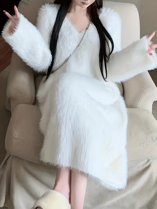 Sixsr Solid Faux Fur Long Sleeve Dress, Thermal V Neck Dress For Fall & Winter, Women's Clothing