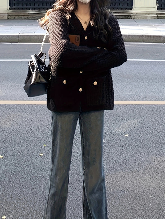 Sixsr Solid Button Down Chunky Knit Cardigan, Vintage Long Sleeve Sweater Coat With Pocket, Women's Clothing